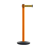 Retractable Belt Barrier Stanchion, Orange Post, Cast Iron Base, 7.5 Ft. Belt - Montour Line MI630 - Crowd Control Warehouse