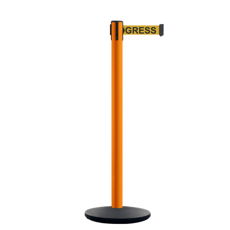 Retractable Belt Barrier Stanchion, Orange Post, Cast Iron Base, 7.5 Ft. Belt - Montour Line MI630 - Crowd Control Warehouse