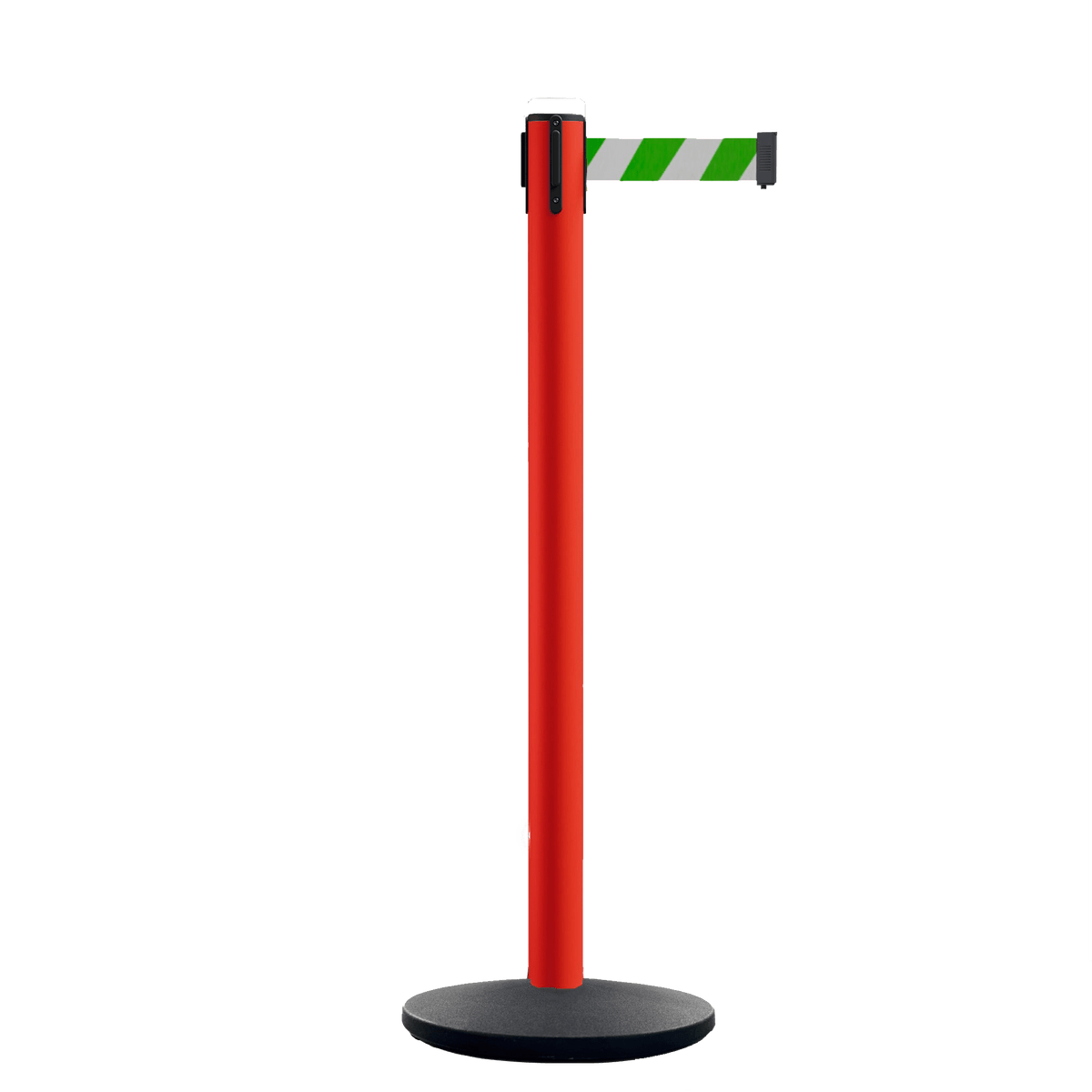 Retractable Belt Barrier Stanchion, Orange Post, Cast Iron Base, 7.5 Ft. Belt - Montour Line MI630 - Crowd Control Warehouse
