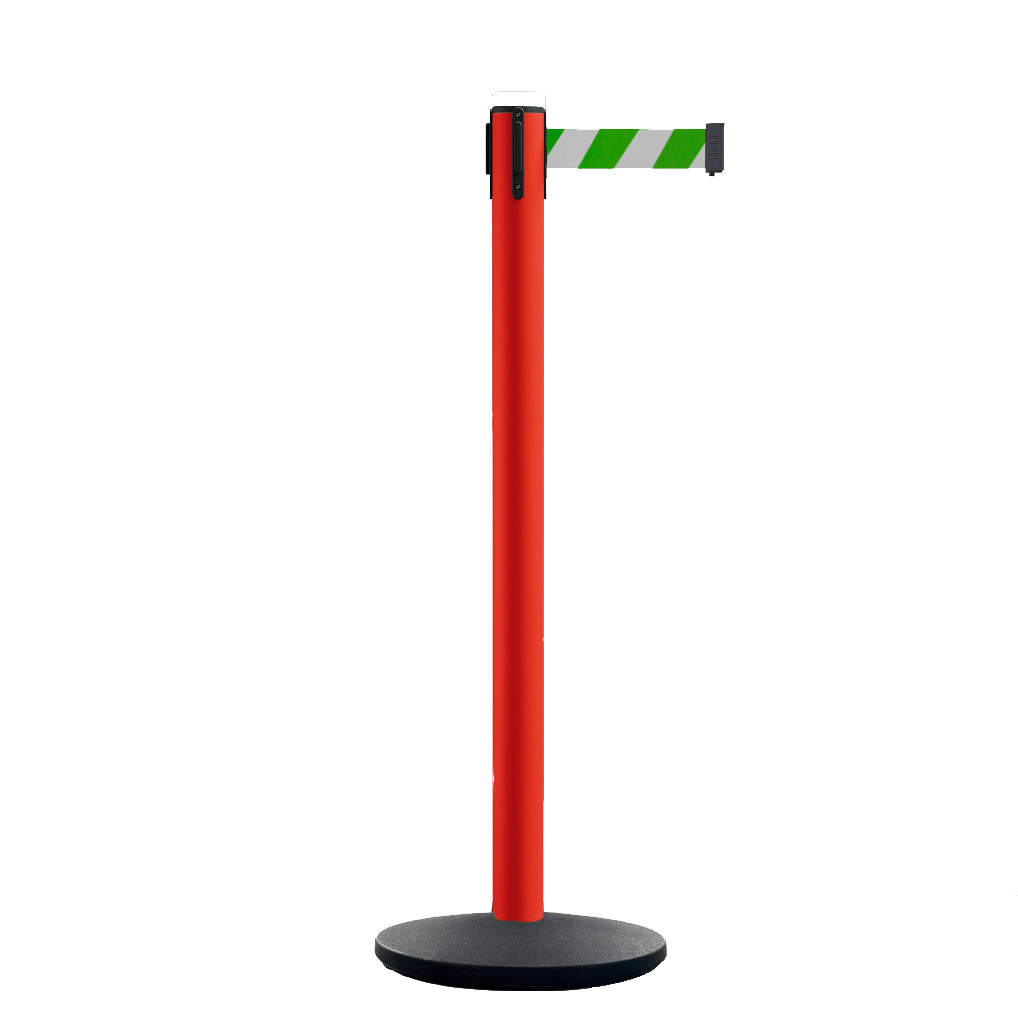 Retractable Belt Barrier Stanchion, Orange Post, Cast Iron Base, 7.5 Ft. Belt - Montour Line MI630 - Crowd Control Warehouse