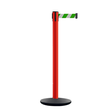 Retractable Belt Barrier Stanchion, Orange Post, Cast Iron Base, 7.5 Ft. Belt - Montour Line MI630 - Crowd Control Warehouse
