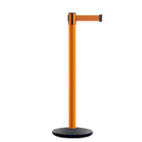 Retractable Belt Barrier Stanchion, Orange Post, Cast Iron Base, 7.5 Ft. Belt - Montour Line MI630 - Crowd Control Warehouse