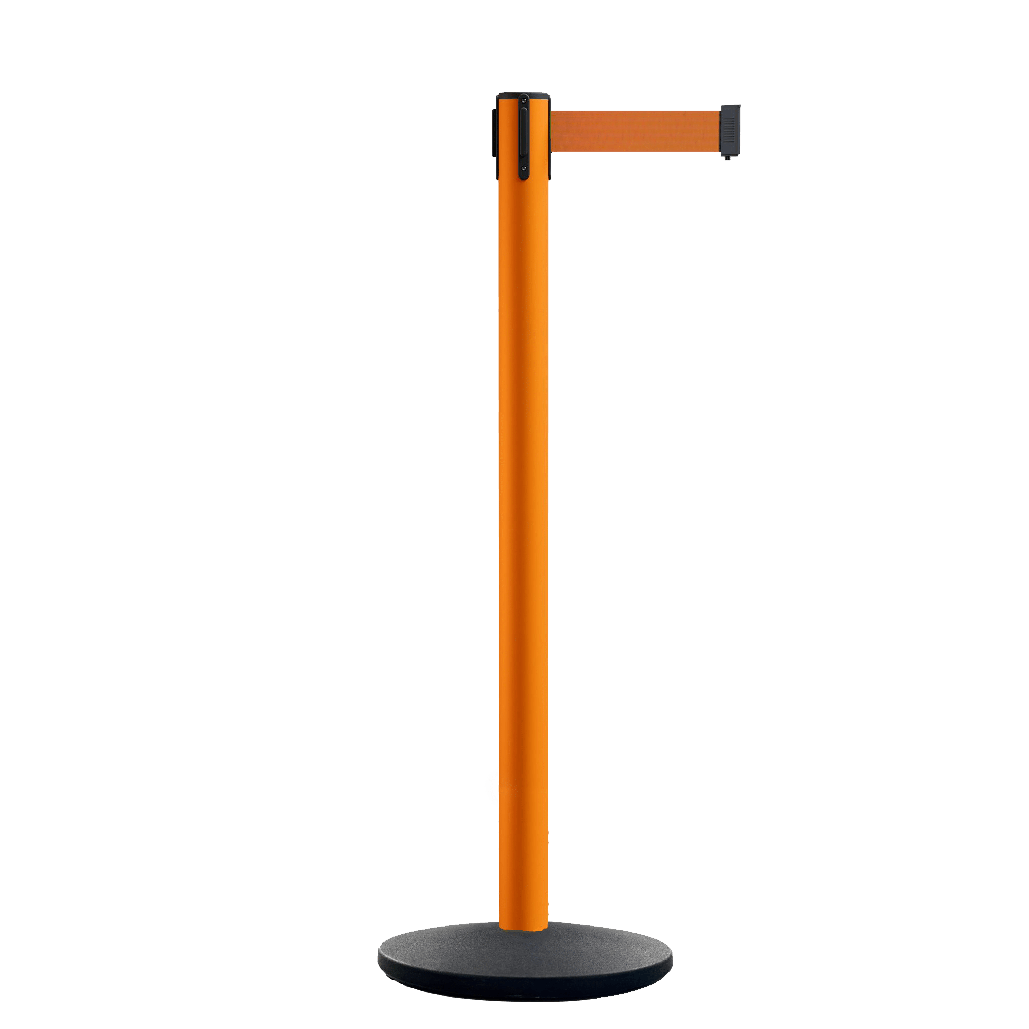 Retractable Belt Barrier Stanchion, Orange Post, Cast Iron Base, 7.5 Ft. Belt - Montour Line MI630 - Crowd Control Warehouse