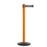 Retractable Belt Barrier Stanchion, Orange Post, Cast Iron Base, 7.5 Ft. Belt - Montour Line MI630 - Crowd Control Warehouse