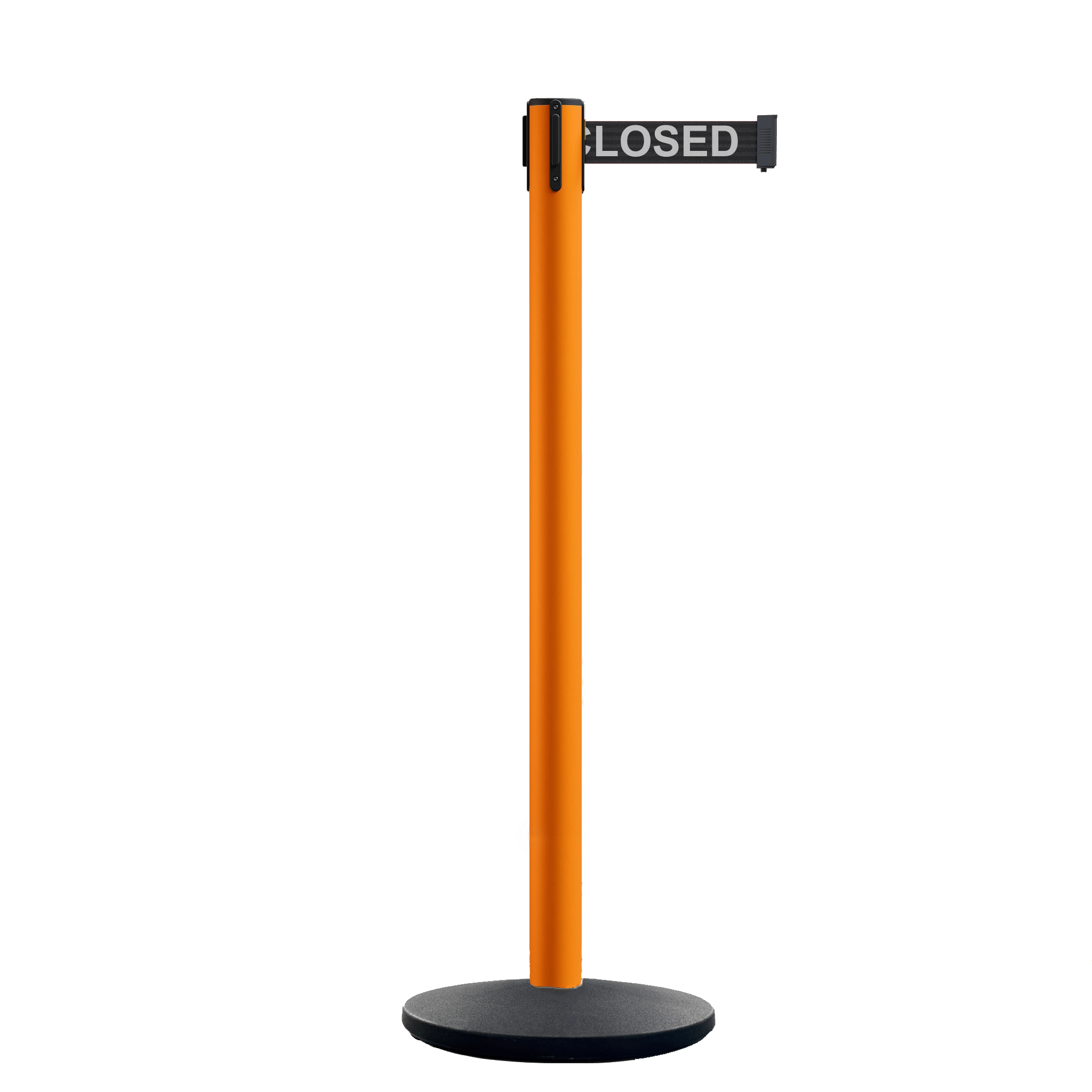 Retractable Belt Barrier Stanchion, Orange Post, Cast Iron Base, 7.5 Ft. Belt - Montour Line MI630 - Crowd Control Warehouse