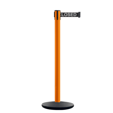 Retractable Belt Barrier Stanchion, Orange Post, Cast Iron Base, 7.5 Ft. Belt - Montour Line MI630 - Crowd Control Warehouse