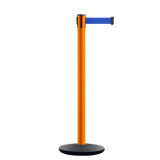 Retractable Belt Barrier Stanchion, Orange Post, Cast Iron Base, 7.5 Ft. Belt - Montour Line MI630 - Crowd Control Warehouse