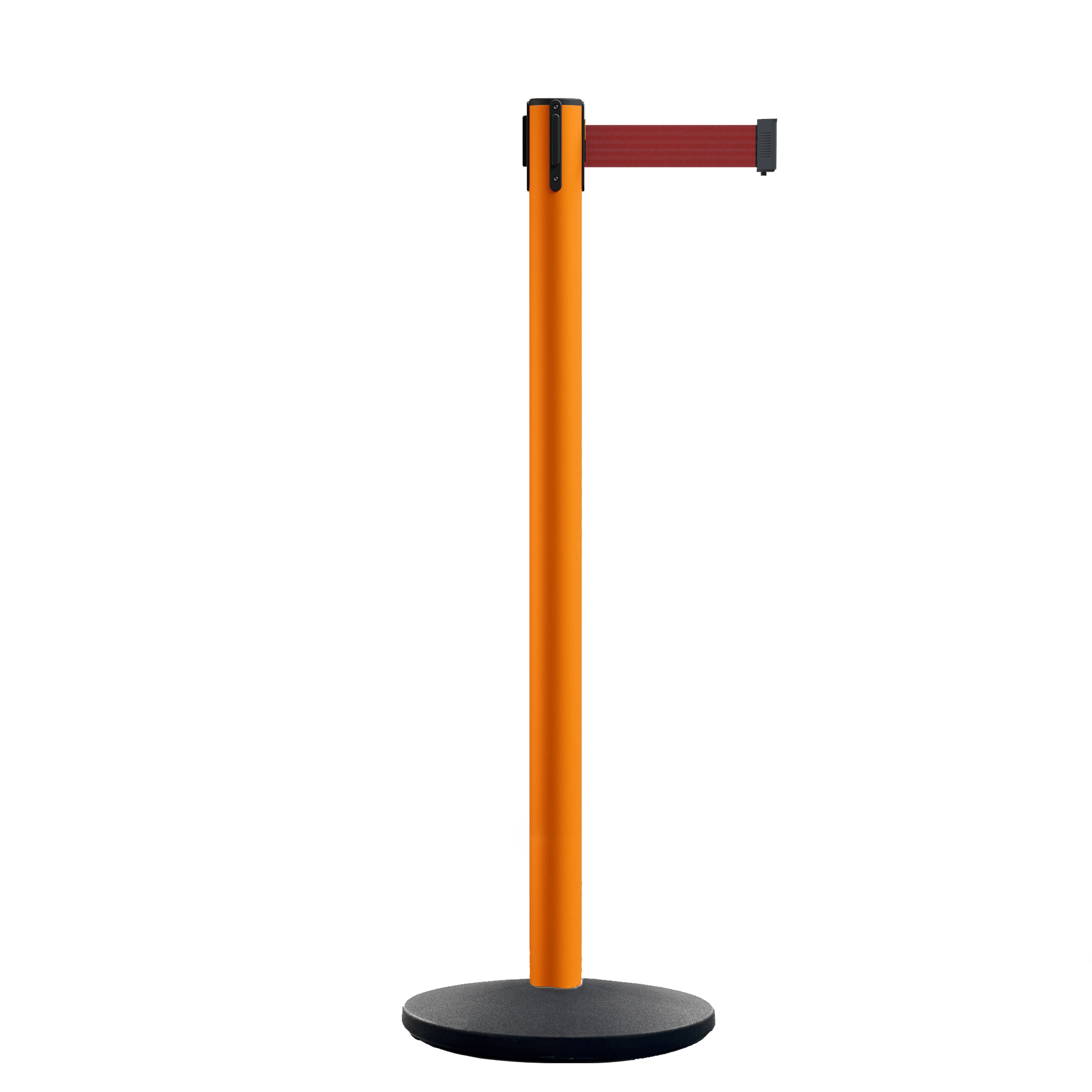 Retractable Belt Barrier Stanchion, Orange Post, Cast Iron Base, 7.5 Ft. Belt - Montour Line MI630 - Crowd Control Warehouse