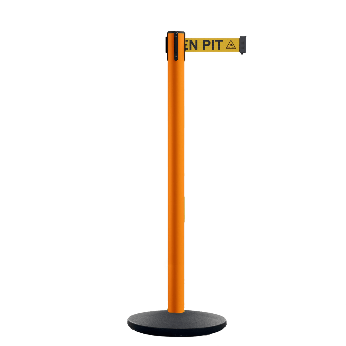 Retractable Belt Barrier Stanchion, Orange Post, Cast Iron Base, 7.5 Ft. Belt - Montour Line MI630 - Crowd Control Warehouse