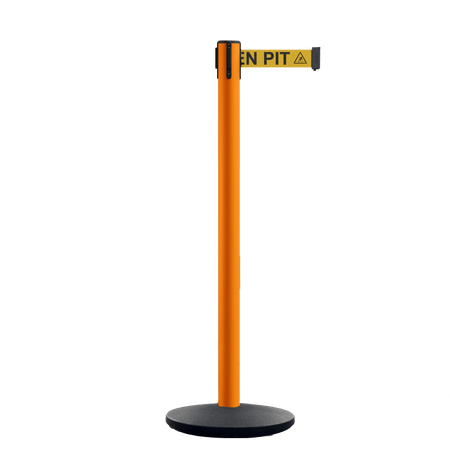 Retractable Belt Barrier Stanchion, Orange Post, Cast Iron Base, 7.5 Ft. Belt - Montour Line MI630 - Crowd Control Warehouse
