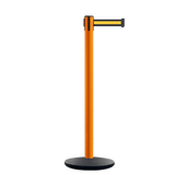Retractable Belt Barrier Stanchion, Orange Post, Cast Iron Base, 7.5 Ft. Belt - Montour Line MI630 - Crowd Control Warehouse