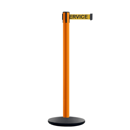 Retractable Belt Barrier Stanchion, Orange Post, Cast Iron Base, 7.5 Ft. Belt - Montour Line MI630 - Crowd Control Warehouse