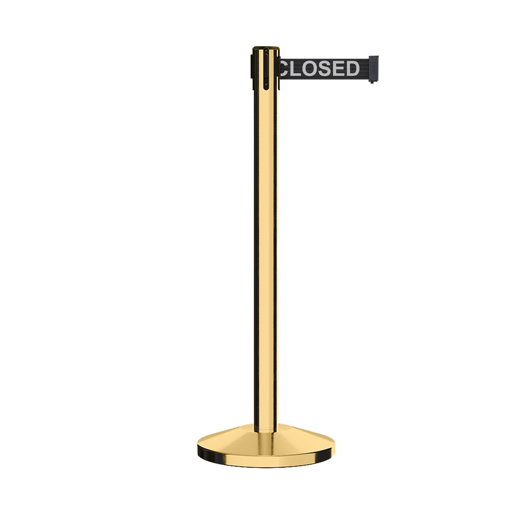 Retractable Belt Barrier Stanchion, Polished Brass Post, 7.5 Ft. Belt - CCW Series RBB - 100 - Crowd Control Warehouse