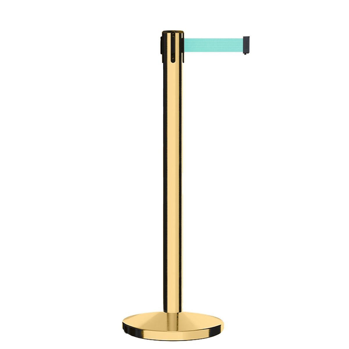 Retractable Belt Barrier Stanchion, Polished Brass Post, Cast Iron Base, 11 Ft. Belt - Montour Line MI630 - Crowd Control Warehouse