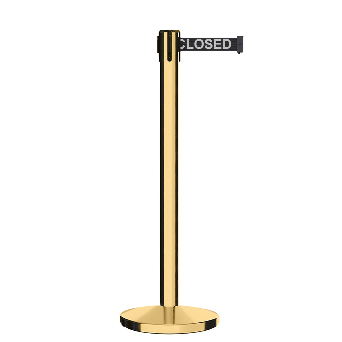 Retractable Belt Barrier Stanchion, Polished Brass Post, Cast Iron Base, 11 Ft. Belt - Montour Line MI630 - Crowd Control Warehouse