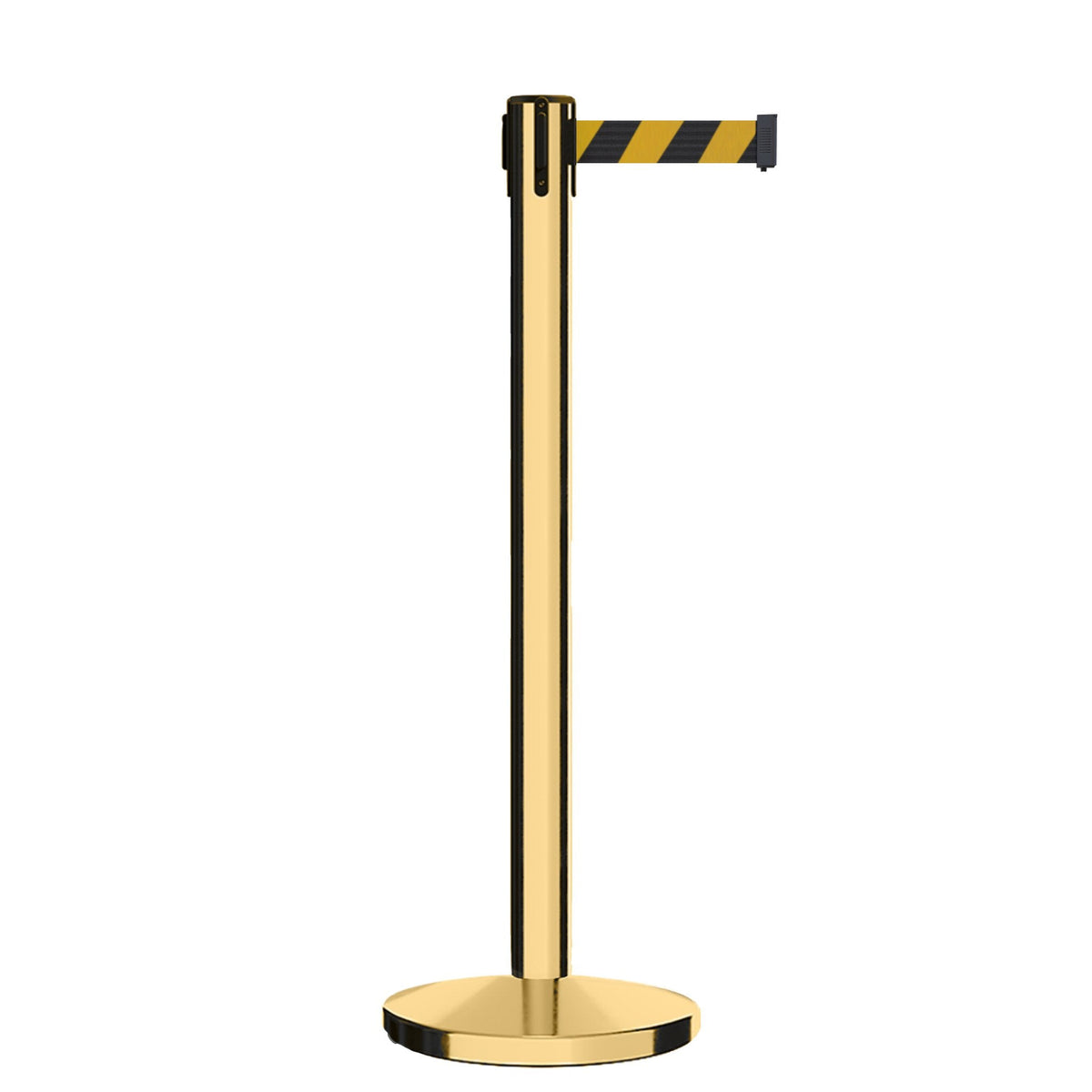 Retractable Belt Barrier Stanchion, Polished Brass Post, Cast Iron Base, 11 Ft. Belt - Montour Line MI630 - Crowd Control Warehouse