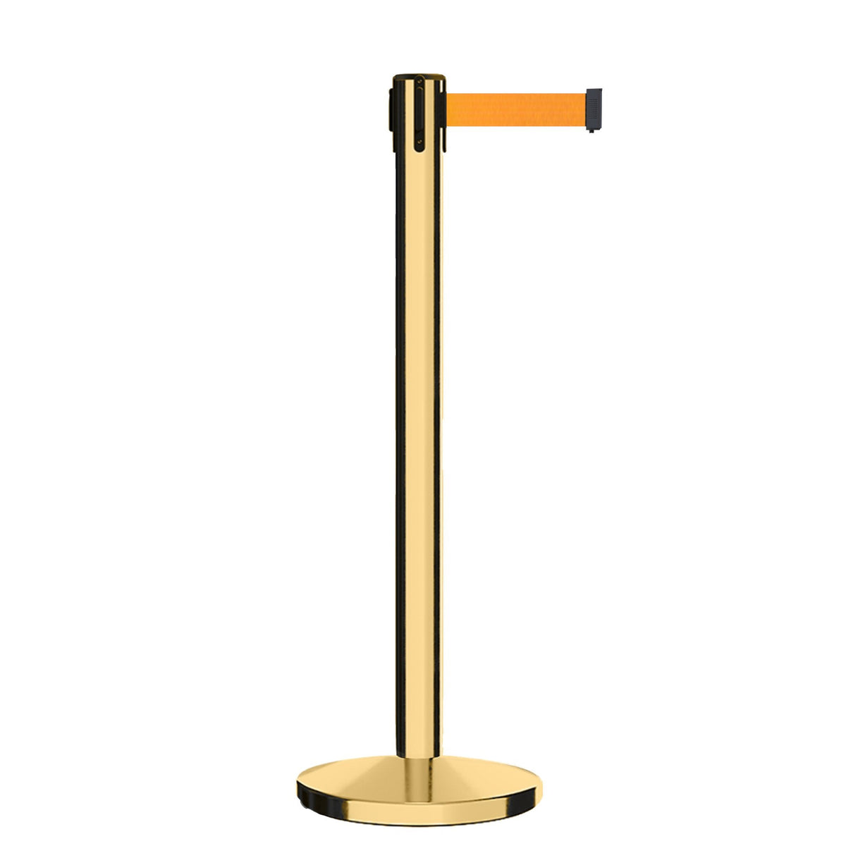 Retractable Belt Barrier Stanchion, Polished Brass Post, Cast Iron Base, 11 Ft. Belt - Montour Line MI630 - Crowd Control Warehouse
