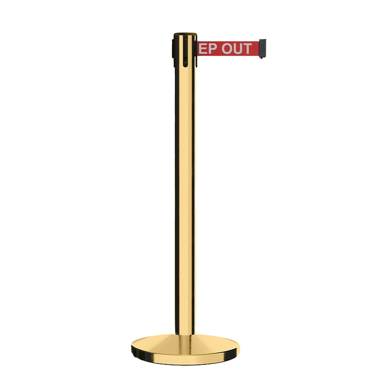 Retractable Belt Barrier Stanchion, Polished Brass Post, Cast Iron Base, 11 Ft. Belt - Montour Line MI630 - Crowd Control Warehouse
