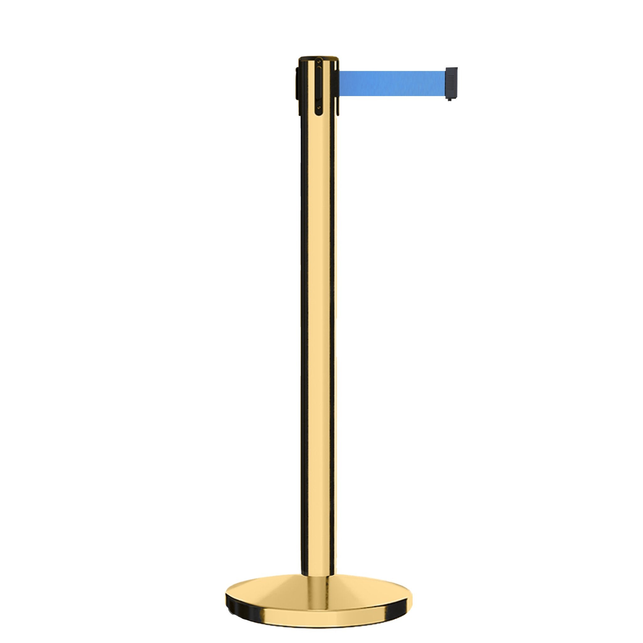 Retractable Belt Barrier Stanchion, Polished Brass Post, Cast Iron Base, 11 Ft. Belt - Montour Line MI630 - Crowd Control Warehouse