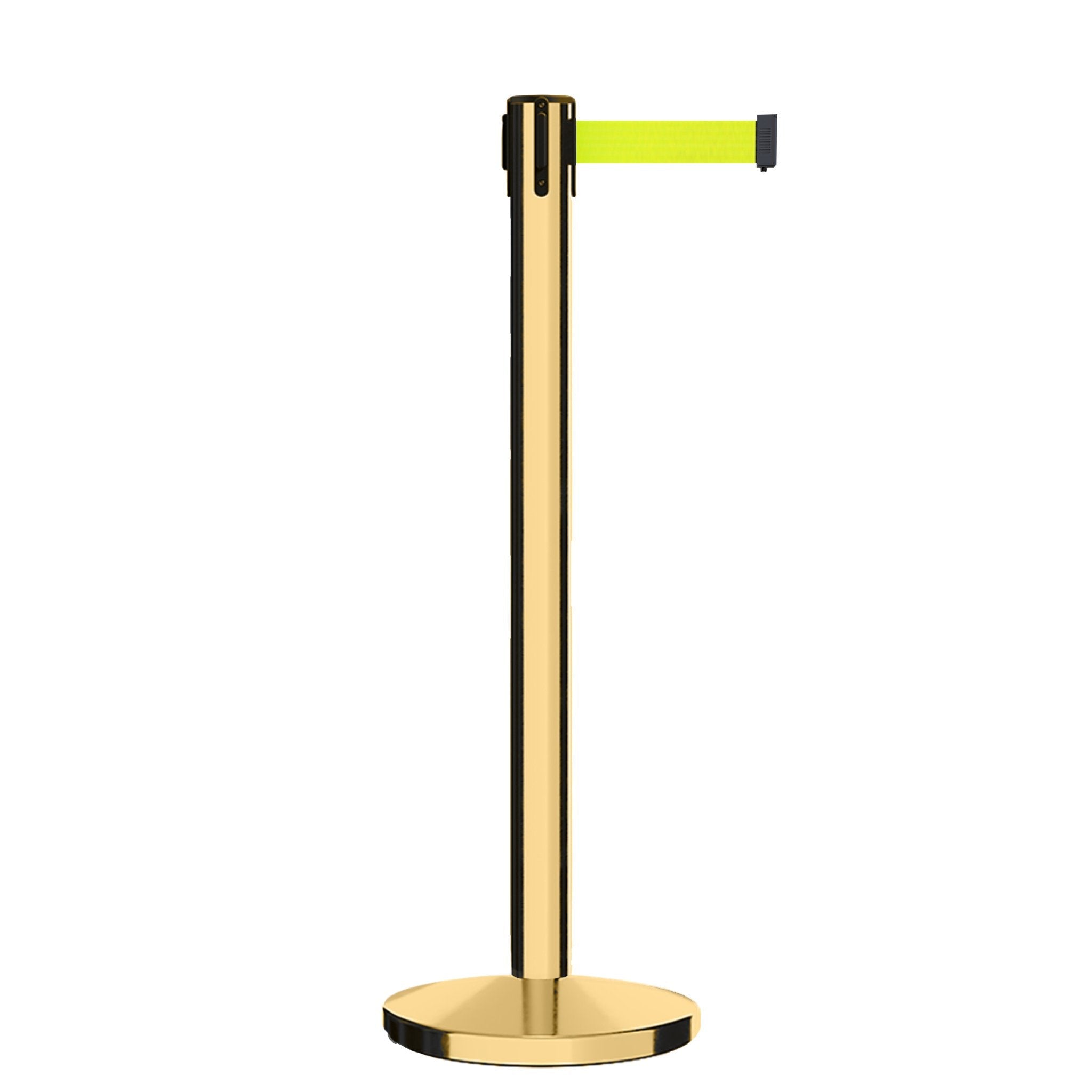 Retractable Belt Barrier Stanchion, Polished Brass Post, Cast Iron Base, 11 Ft. Belt - Montour Line MI630 - Crowd Control Warehouse