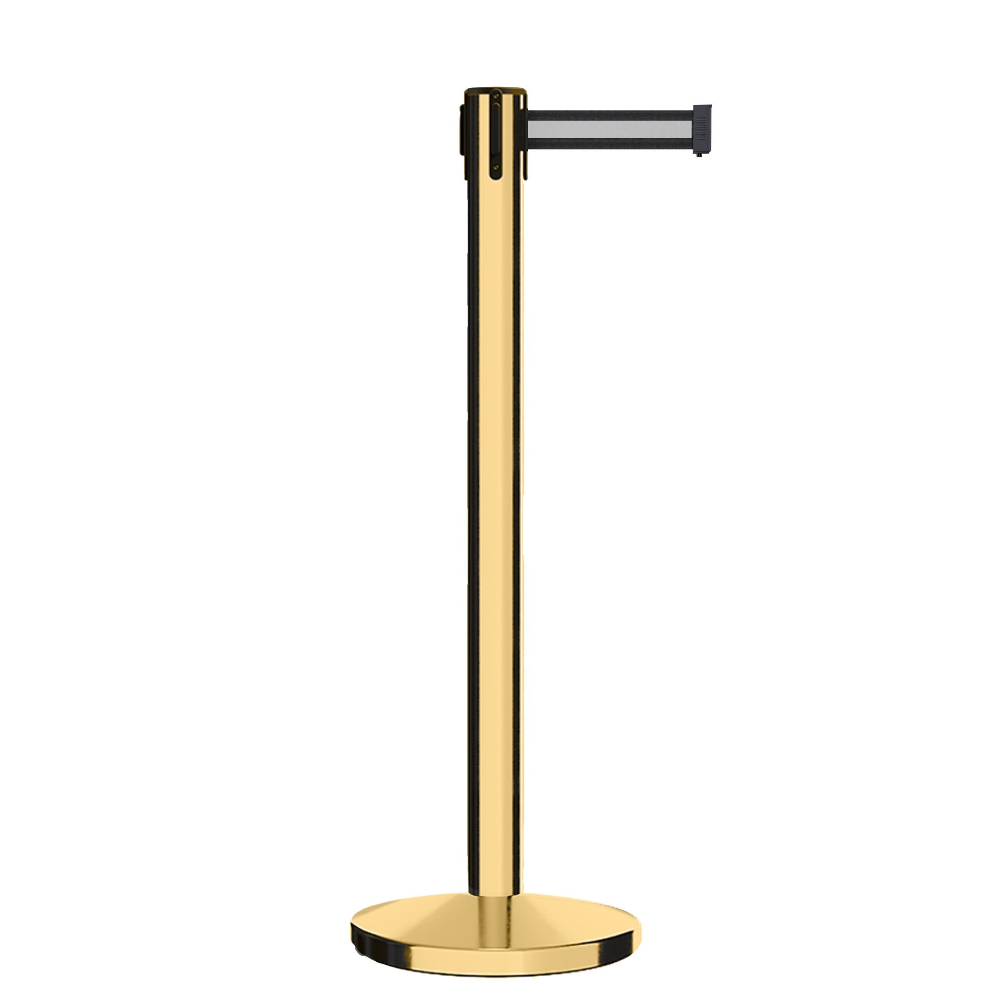 Retractable Belt Barrier Stanchion, Polished Brass Post, Cast Iron Base, 11 Ft. Belt - Montour Line MI630 - Crowd Control Warehouse