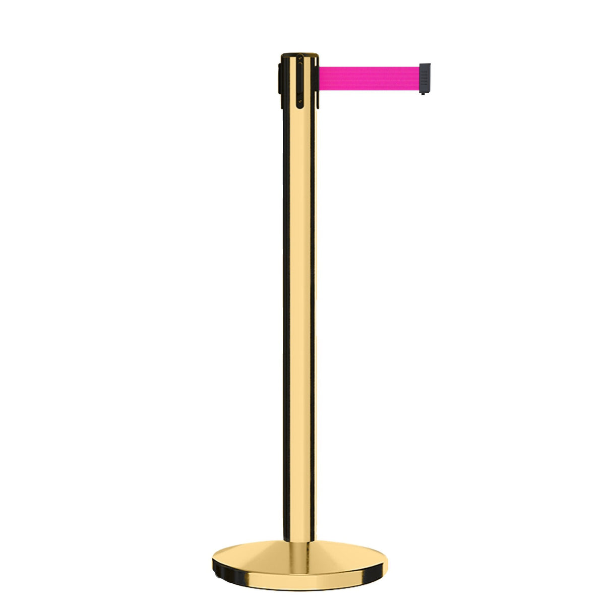 Retractable Belt Barrier Stanchion, Polished Brass Post, Cast Iron Base, 11 Ft. Belt - Montour Line MI630 - Crowd Control Warehouse
