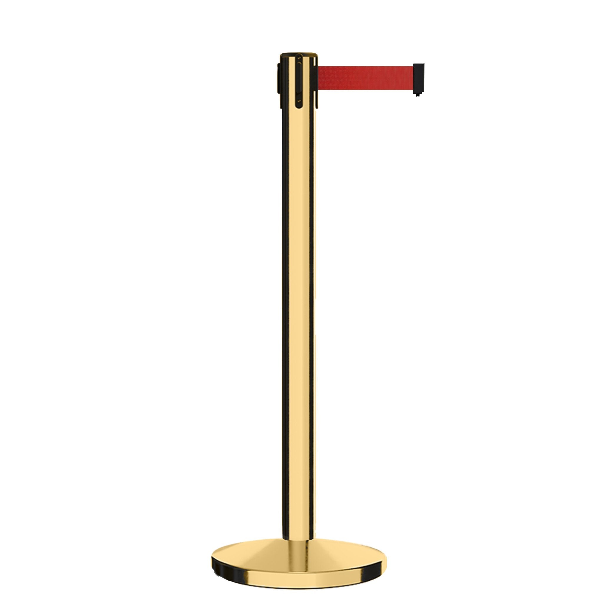 Retractable Belt Barrier Stanchion, Polished Brass Post, Cast Iron Base, 13 Ft. Belt - Montour Line MI630 - Crowd Control Warehouse