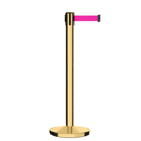Retractable Belt Barrier Stanchion, Polished Brass Post, Cast Iron Base, 13 Ft. Belt - Montour Line MI630 - Crowd Control Warehouse