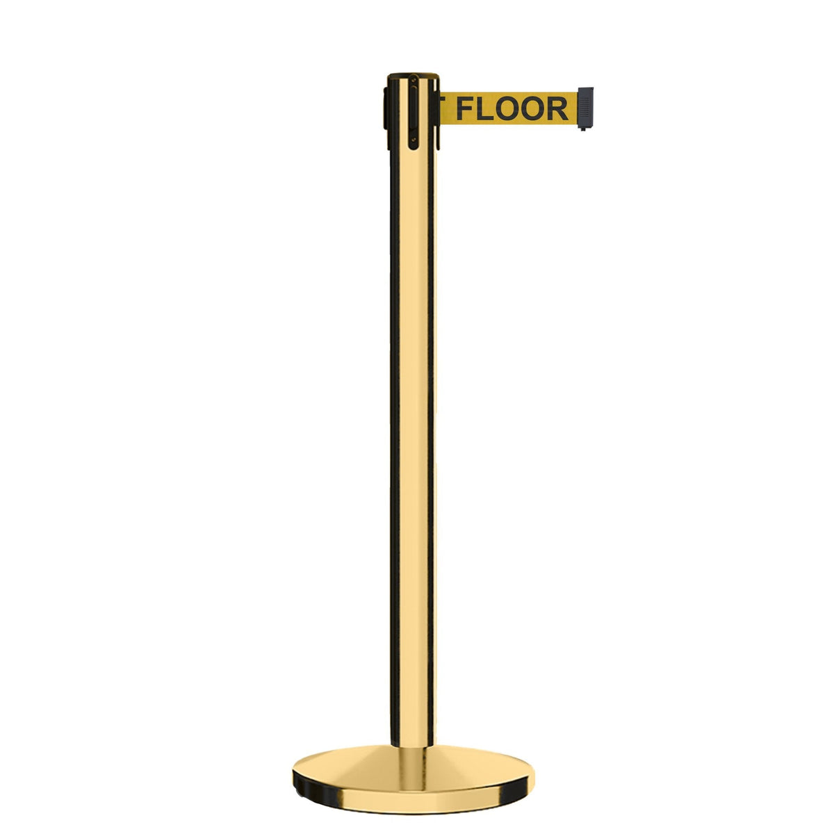 Retractable Belt Barrier Stanchion, Polished Brass Post, Cast Iron Base, 13 Ft. Belt - Montour Line MI630 - Crowd Control Warehouse