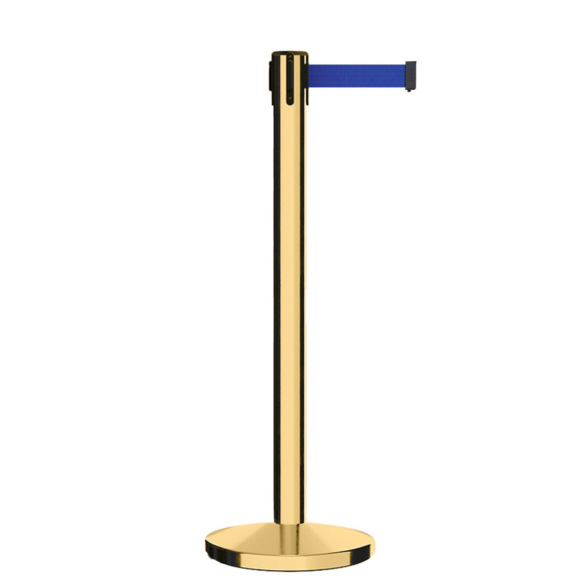Retractable Belt Barrier Stanchion, Polished Brass Post, Cast Iron Base, 13 Ft. Belt - Montour Line MI630 - Crowd Control Warehouse