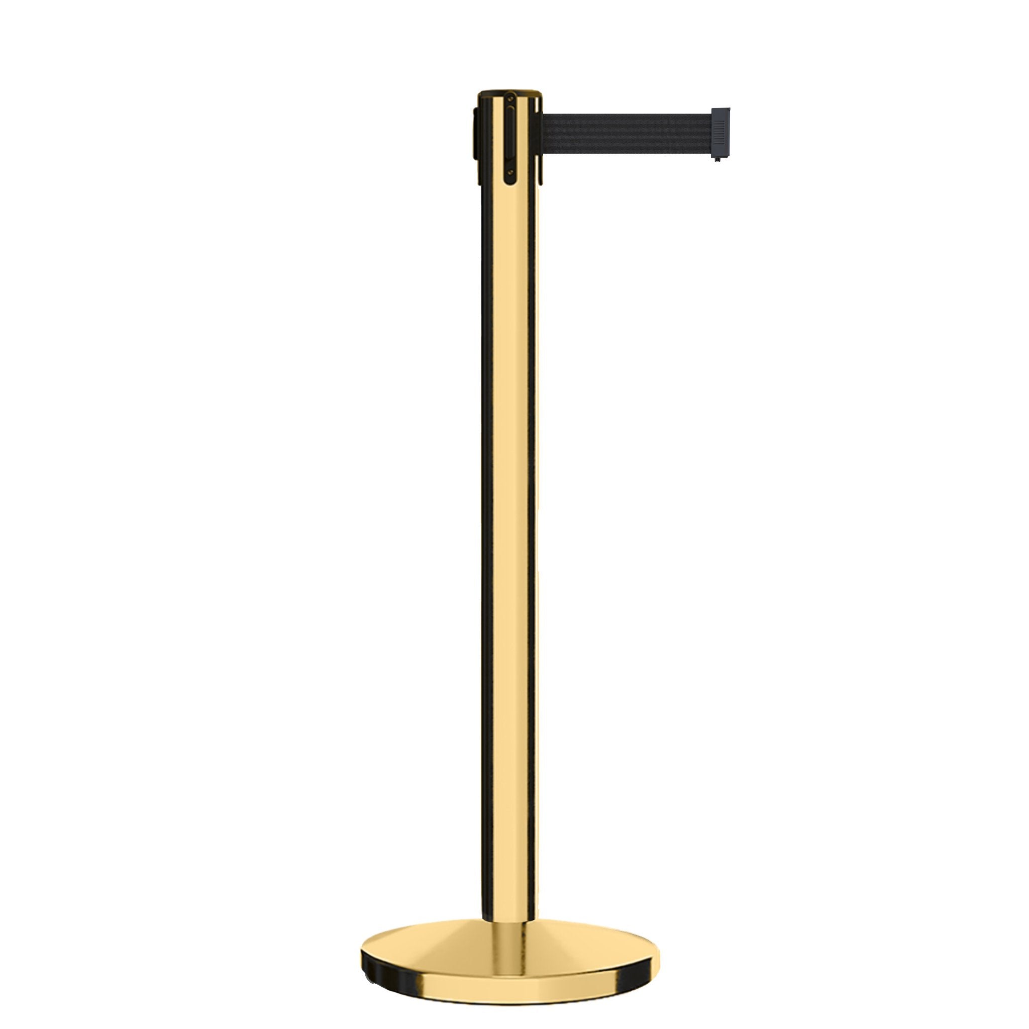 Retractable Belt Barrier Stanchion, Polished Brass Post, Cast Iron Base, 13 Ft. Belt - Montour Line MI630 - Crowd Control Warehouse