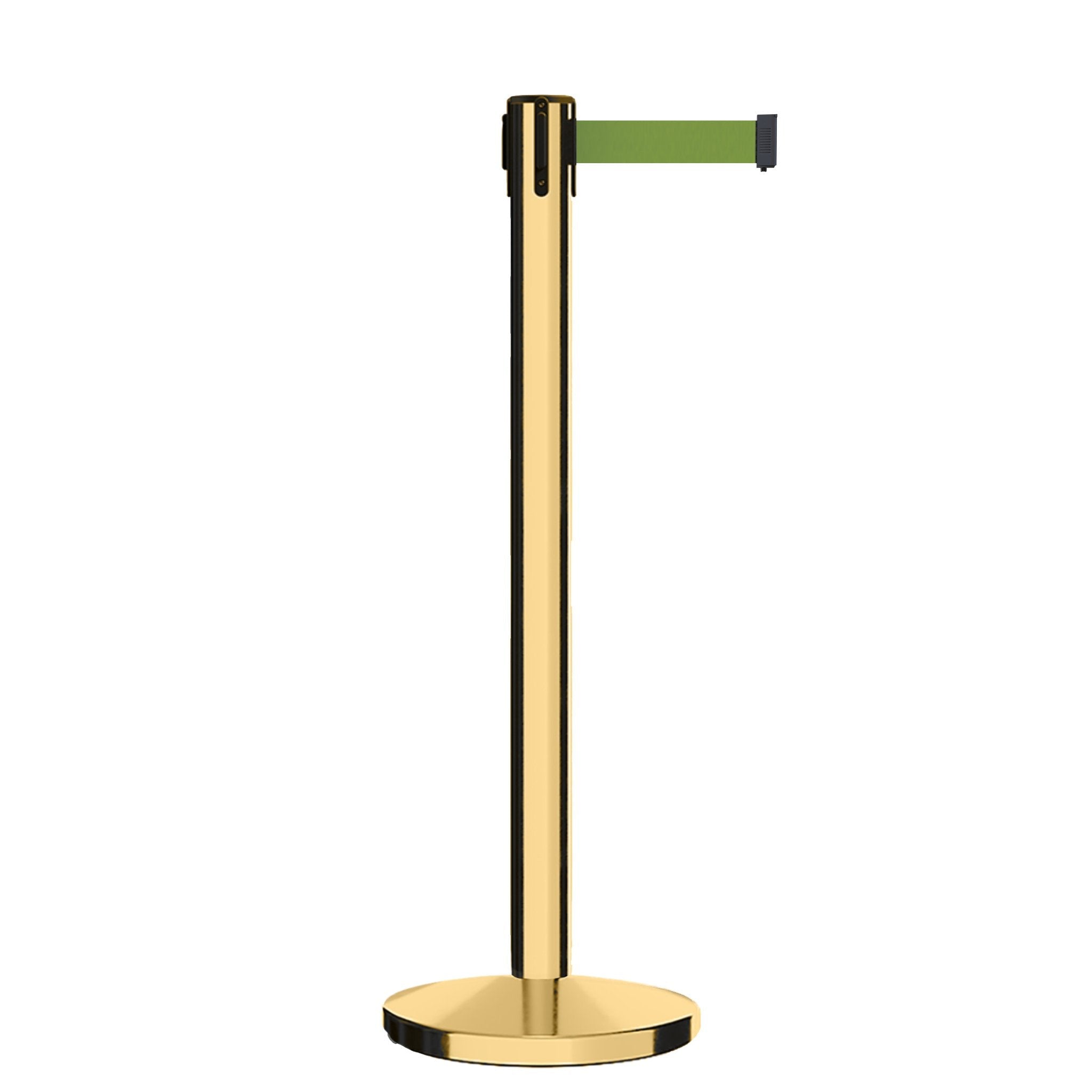 Retractable Belt Barrier Stanchion, Polished Brass Post, Cast Iron Base, 13 Ft. Belt - Montour Line MI630 - Crowd Control Warehouse