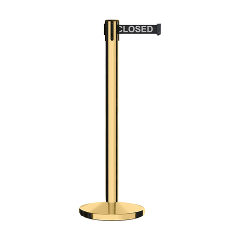 Retractable Belt Barrier Stanchion, Polished Brass Post, Cast Iron Base, 13 Ft. Belt - Montour Line MI630 - Crowd Control Warehouse