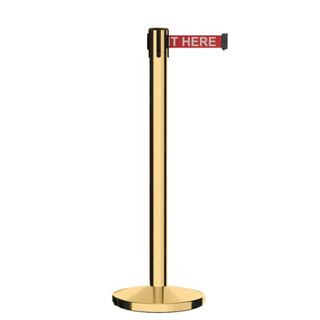 Retractable Belt Barrier Stanchion, Polished Brass Post, Cast Iron Base, 13 Ft. Belt - Montour Line MI630 - Crowd Control Warehouse