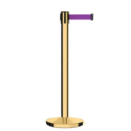 Retractable Belt Barrier Stanchion, Polished Brass Post, Cast Iron Base, 13 Ft. Belt - Montour Line MI630 - Crowd Control Warehouse
