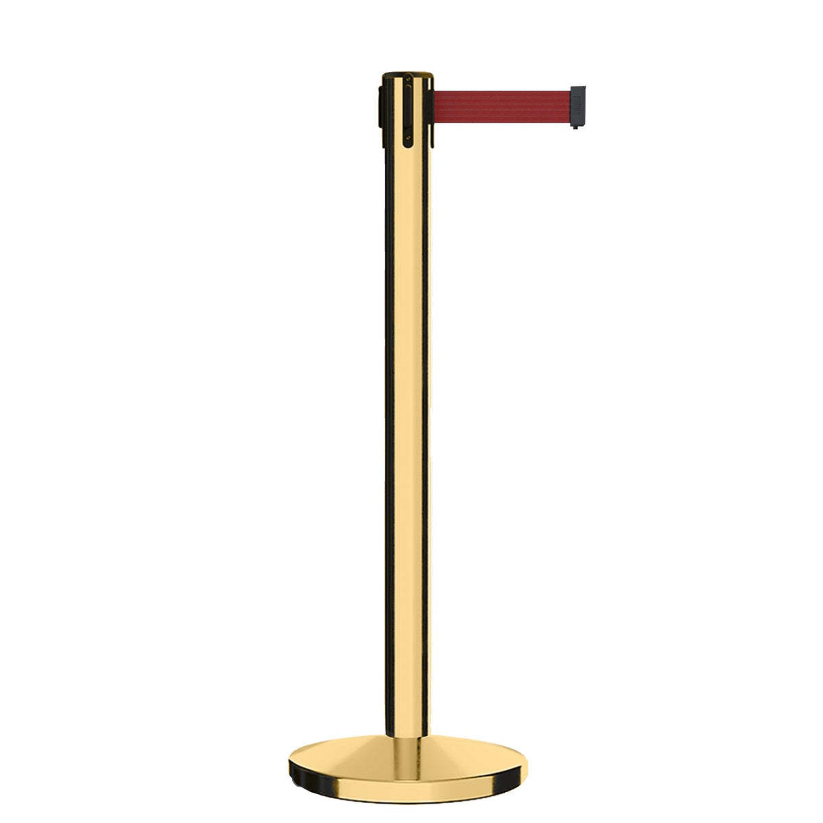 Retractable Belt Barrier Stanchion, Polished Brass Post, Cast Iron Base, 13 Ft. Belt - Montour Line MI630 - Crowd Control Warehouse