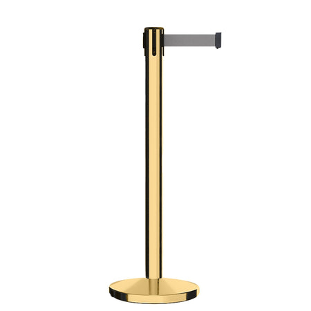 Retractable Belt Barrier Stanchion, Polished Brass Post, Cast Iron Base, 9 Ft. Belt - Montour Line MI630 - Crowd Control Warehouse