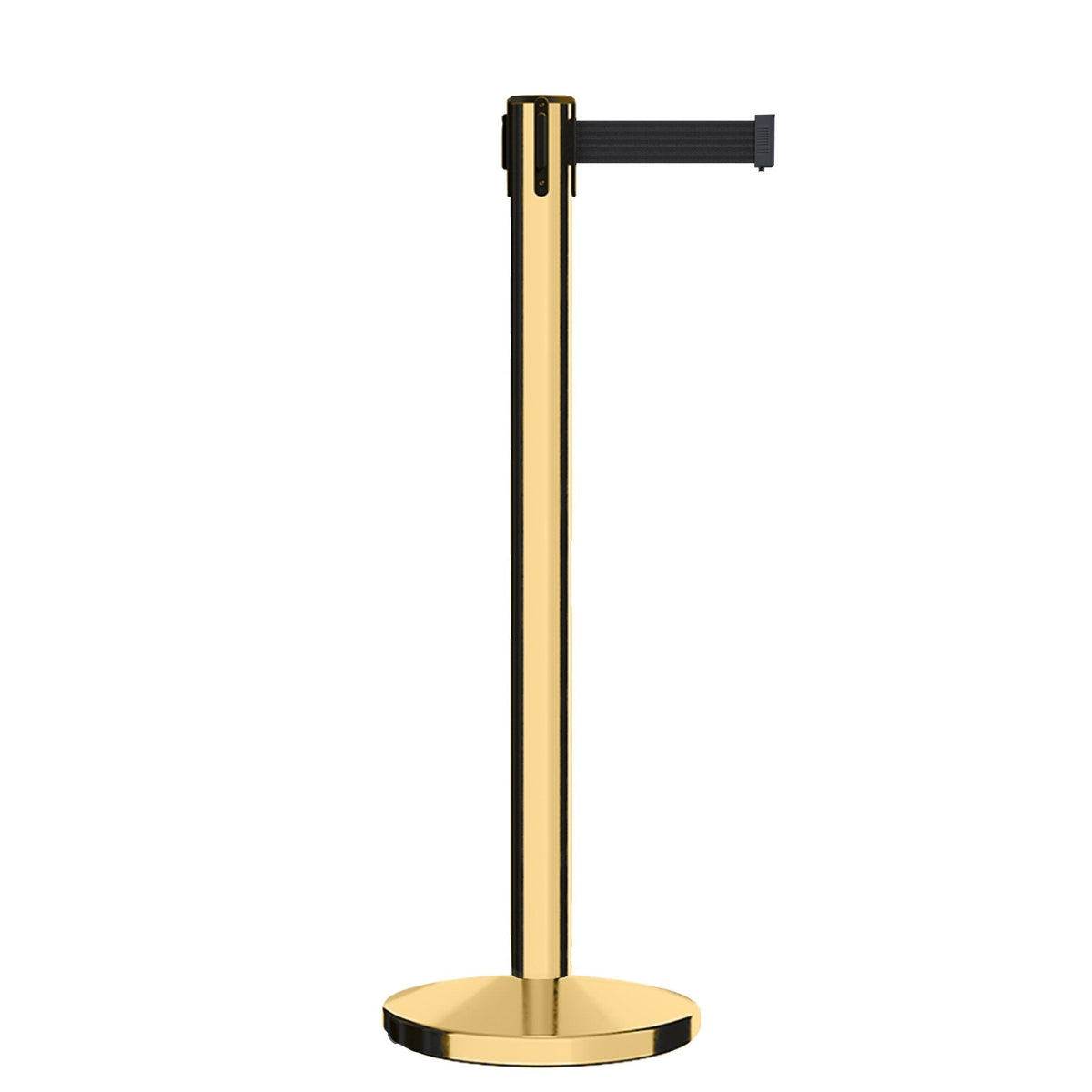 Retractable Belt Barrier Stanchion, Polished Brass Post, Cast Iron Base, 9 Ft. Belt - Montour Line MI630 - Crowd Control Warehouse