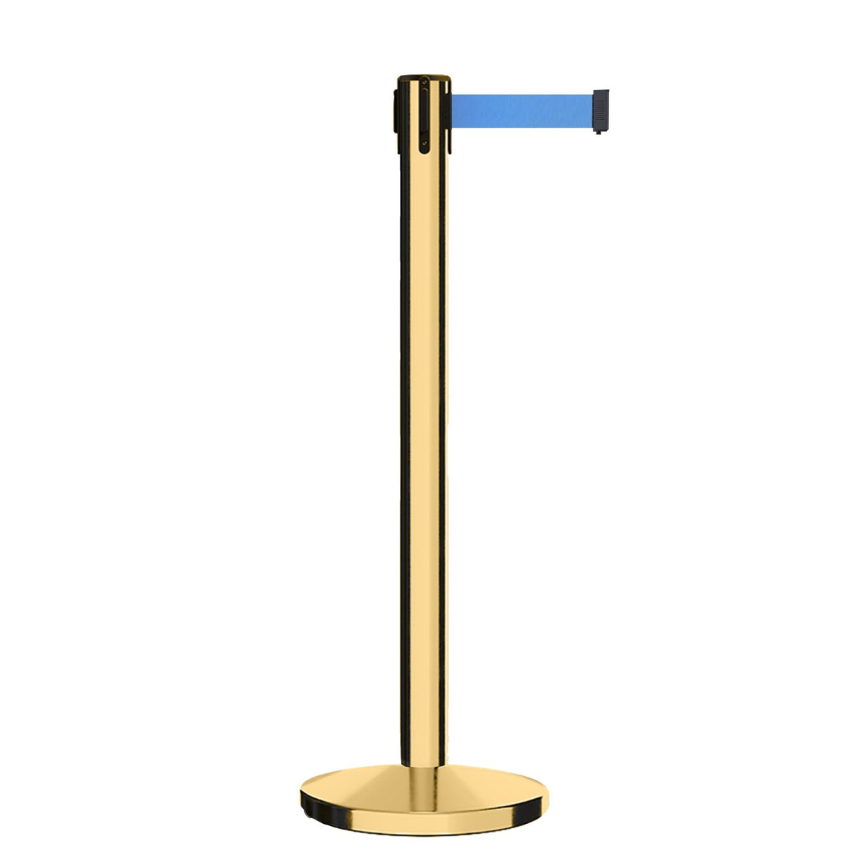 Retractable Belt Barrier Stanchion, Polished Brass Post, Cast Iron Base, 9 Ft. Belt - Montour Line MI630 - Crowd Control Warehouse