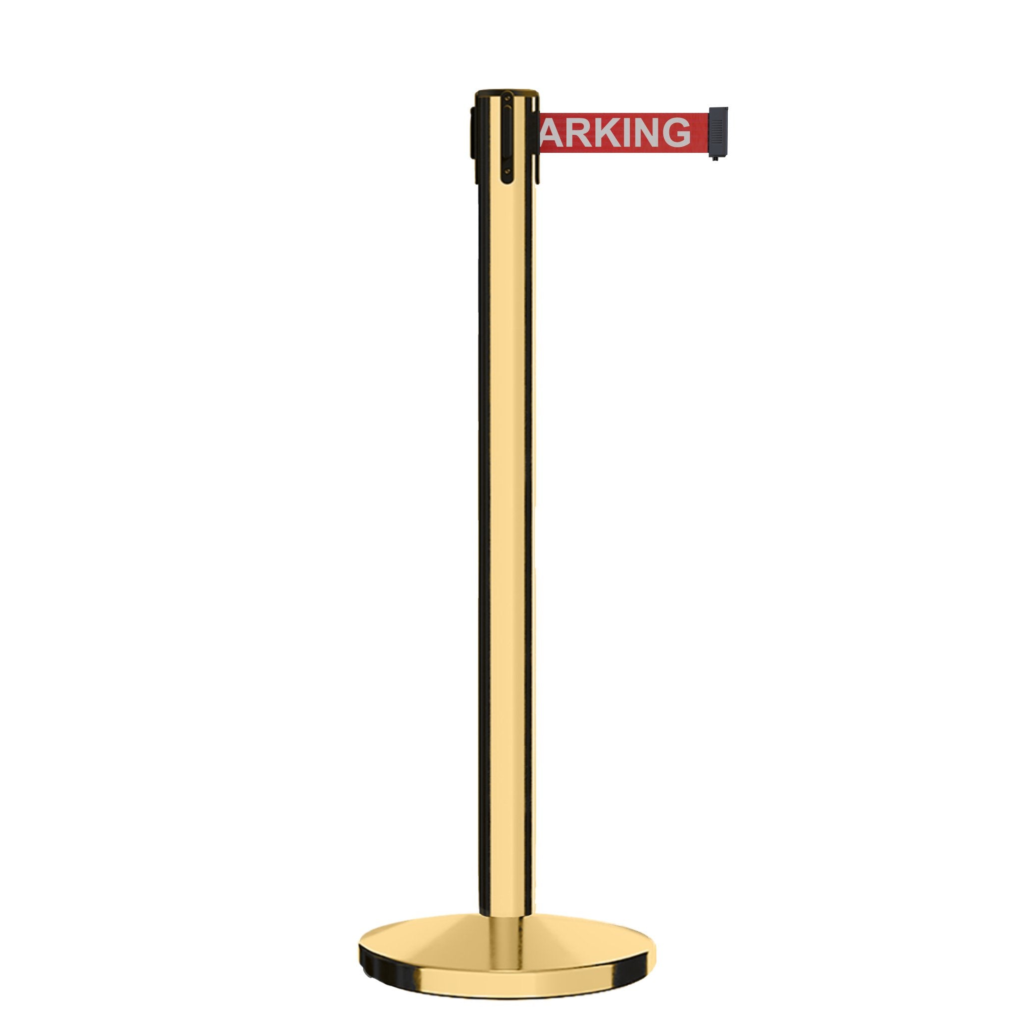 Retractable Belt Barrier Stanchion, Polished Brass Post, Cast Iron Base, 9 Ft. Belt - Montour Line MI630 - Crowd Control Warehouse
