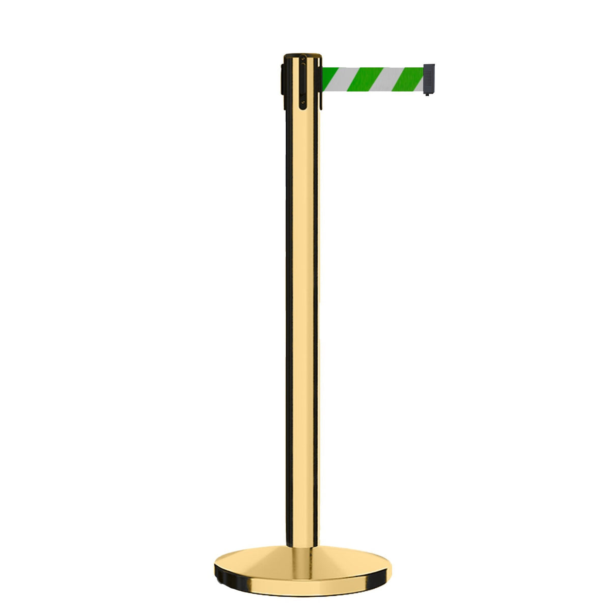 Retractable Belt Barrier Stanchion, Polished Brass Post, Cast Iron Base, 9 Ft. Belt - Montour Line MI630 - Crowd Control Warehouse
