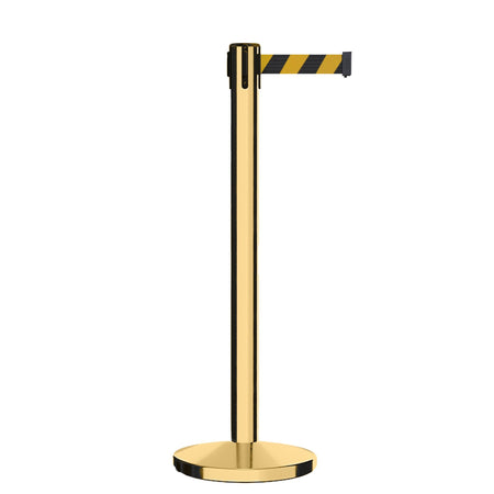 Retractable Belt Barrier Stanchion, Polished Brass Post, Cast Iron Base, 9 Ft. Belt - Montour Line MI630 - Crowd Control Warehouse