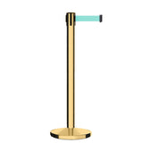 Retractable Belt Barrier Stanchion, Polished Brass Post, Cast Iron Base, 9 Ft. Belt - Montour Line MI630 - Crowd Control Warehouse