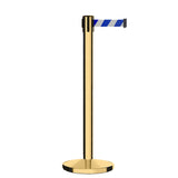 Retractable Belt Barrier Stanchion, Polished Brass Post, Cast Iron Base, 9 Ft. Belt - Montour Line MI630 - Crowd Control Warehouse