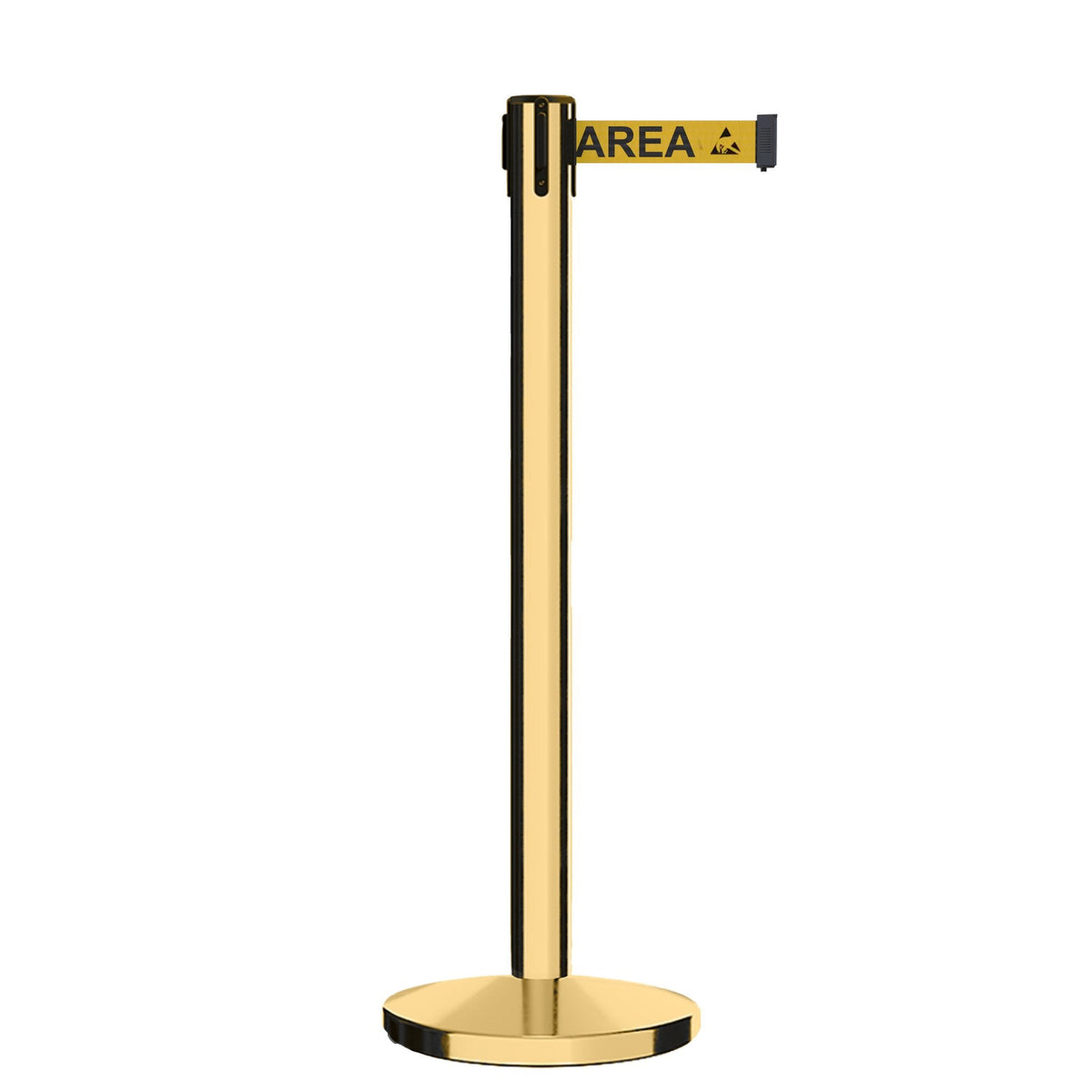 Retractable Belt Barrier Stanchion, Polished Brass Post, Cast Iron Base, 9 Ft. Belt - Montour Line MI630 - Crowd Control Warehouse