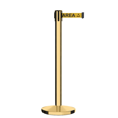 Retractable Belt Barrier Stanchion, Polished Brass Post, Cast Iron Base, 9 Ft. Belt - Montour Line MI630 - Crowd Control Warehouse
