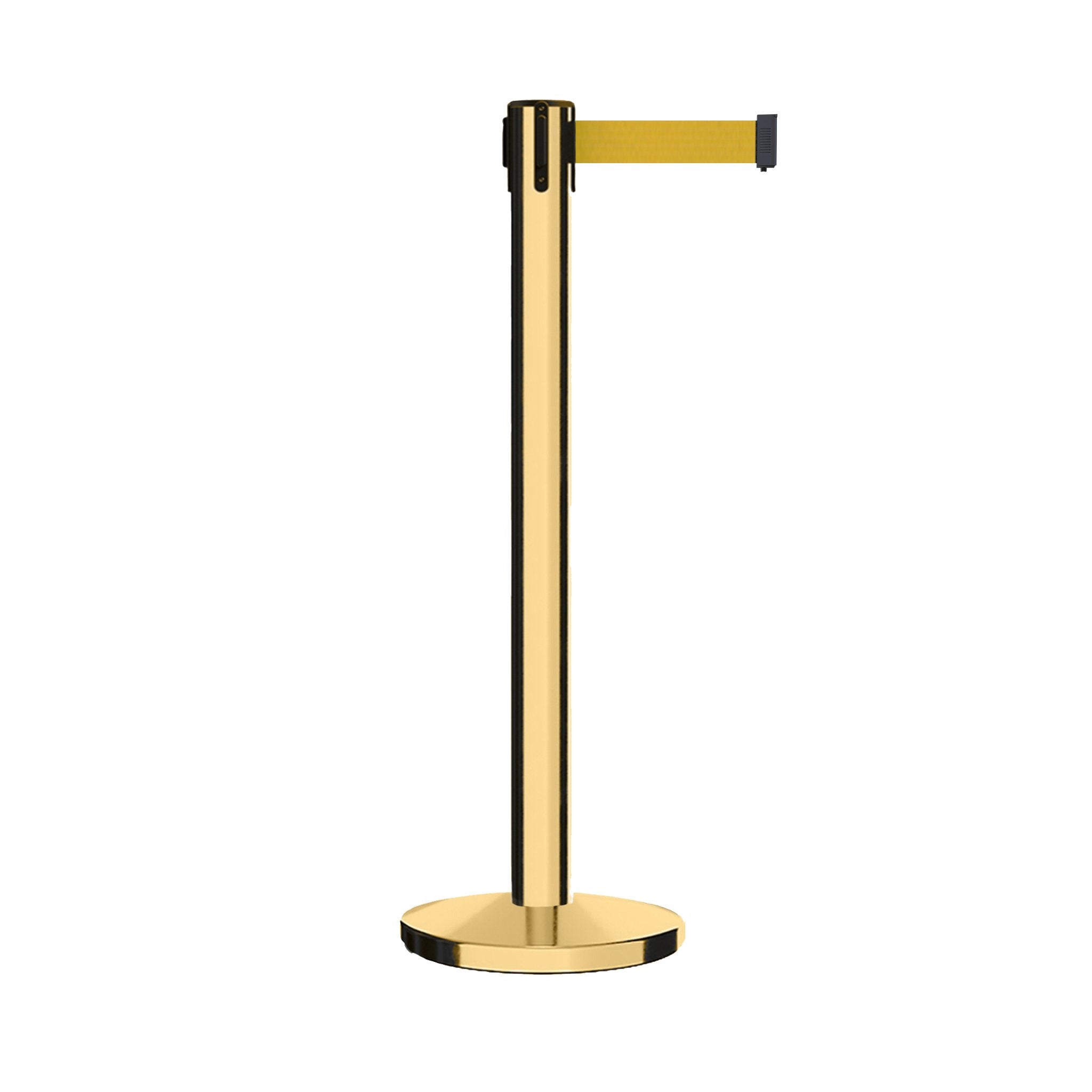 Retractable Belt Barrier Stanchion, Polished Brass Post with Heavy Duty Cast Iron Base, 14 ft Belt – Montour Line MI650 - Crowd Control Warehouse