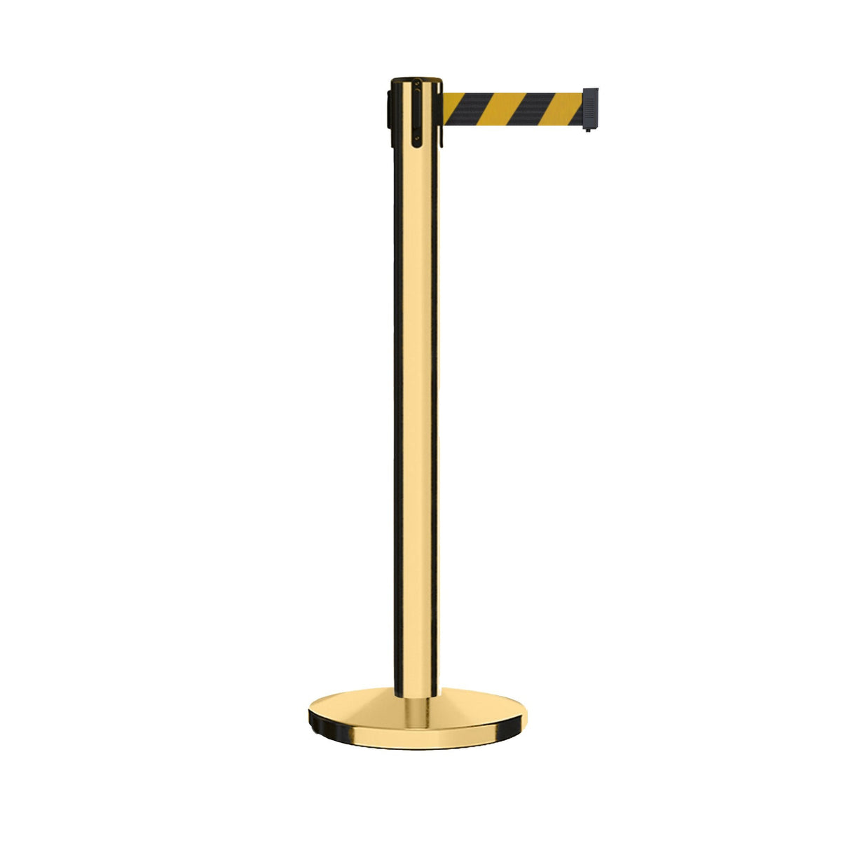 Retractable Belt Barrier Stanchion, Polished Brass Post with Heavy Duty Cast Iron Base, 14 ft Belt – Montour Line MI650 - Crowd Control Warehouse