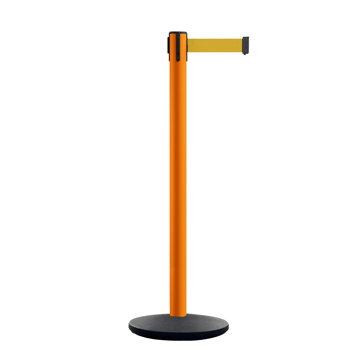 Retractable Belt Barrier Stanchion, Polished Brass Post with Heavy Duty Cast Iron Base, 14 ft Belt – Montour Line MI650 - Crowd Control Warehouse