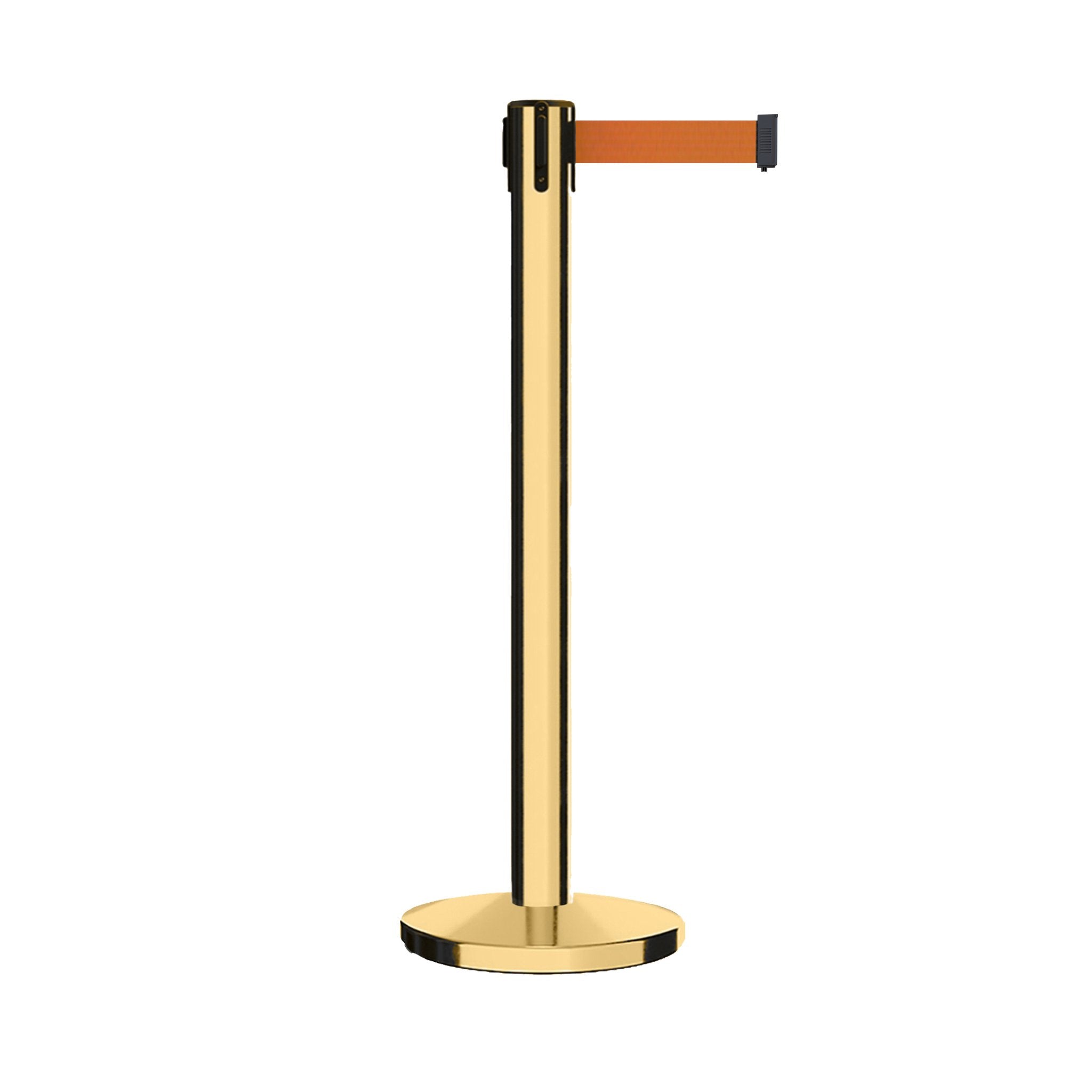 Retractable Belt Barrier Stanchion, Polished Brass Post with Heavy Duty Cast Iron Base, 14 ft Belt – Montour Line MI650 - Crowd Control Warehouse
